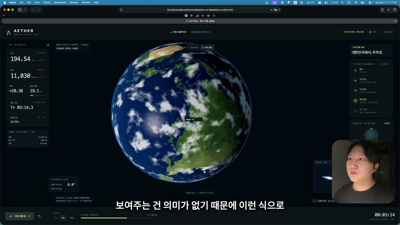 구름이 덮인 파란 지구가 화면 가운데 크게 보이고, 왼쪽 패널에 고도와 속도 수치가 올라가고 있다. Astra가 만든 시뮬레이션의 궤도 진입 장면.