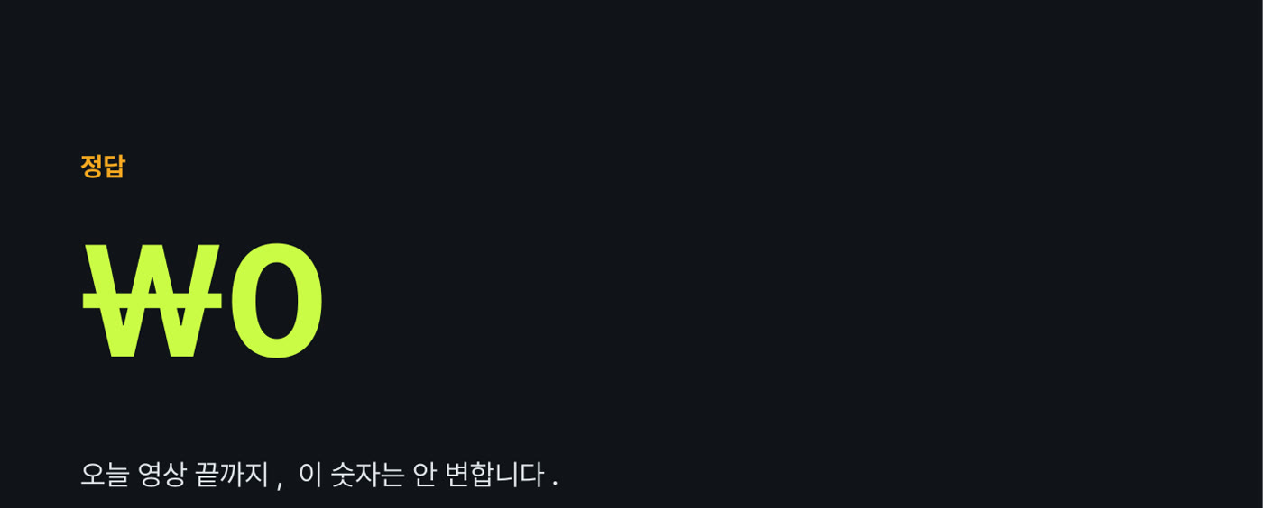퀴즈 정답 화면. 큰 글씨로 '₩0'이 적혀 있고 그 아래 '오늘 영상 끝까지, 이 숫자는 안 변합니다'라는 문장이 붙어 있다.
